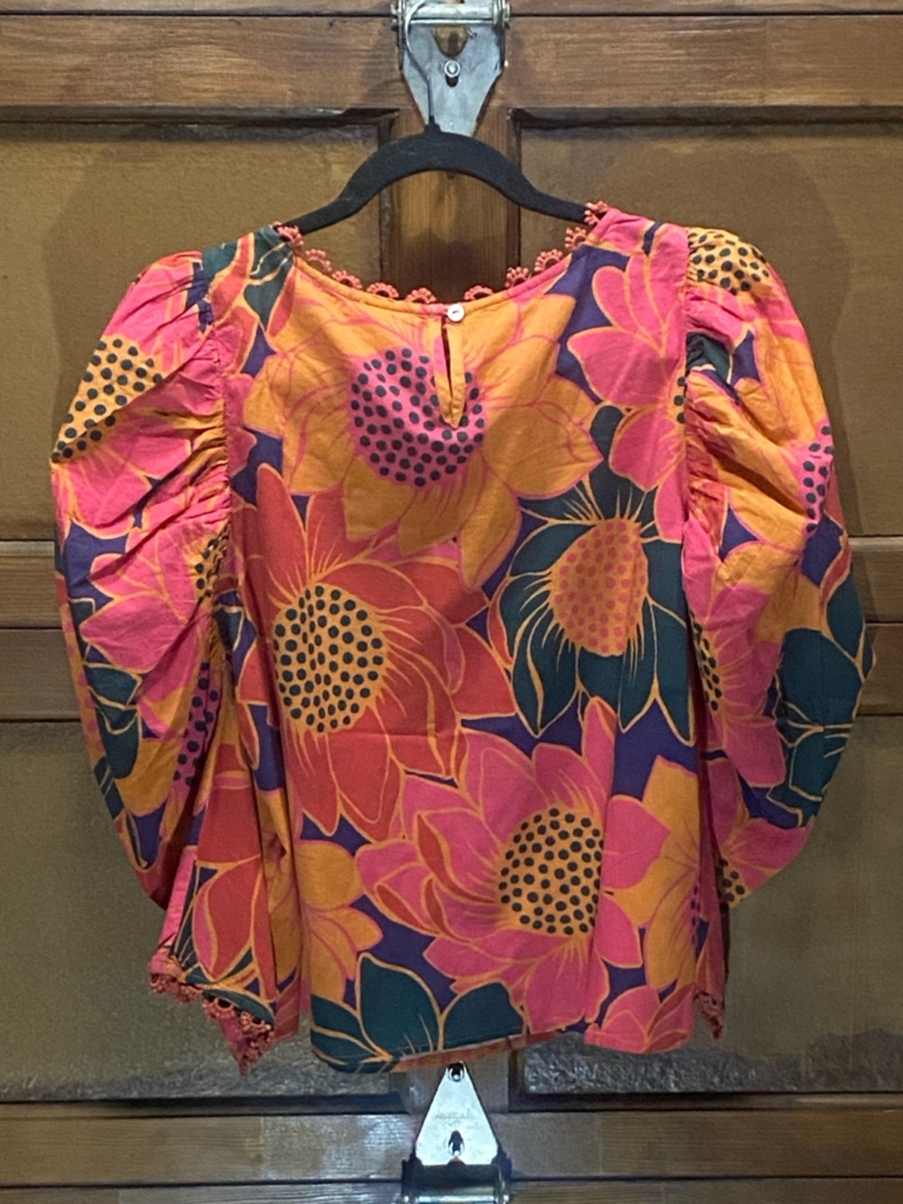Anthropologie Pink & Orange Floral Puff-Sleeve Blouse - Picture 3 of 8
